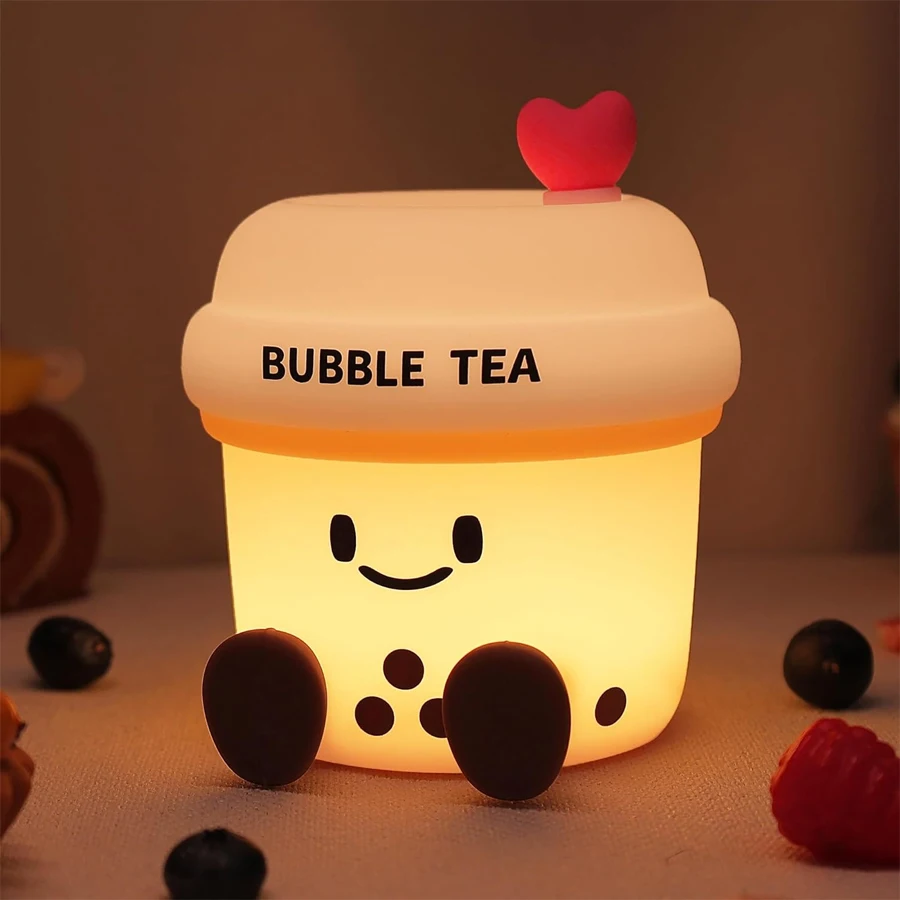 Bubble Milk Tea LED-Tischlampe, niedliches wiederaufladbares Silikon-Nachtlicht für Kinderzimmer, Mädchen, Kinder, Geschenk, Schlafzimmer, Nachttisch-Stimmungslicht