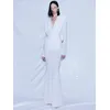 2025 neue Luxus Frauen Promi Sexy Langarm Tiefem V-ausschnitt Geraffte Weiße Kleid Elegante Abend Club Party Outfit