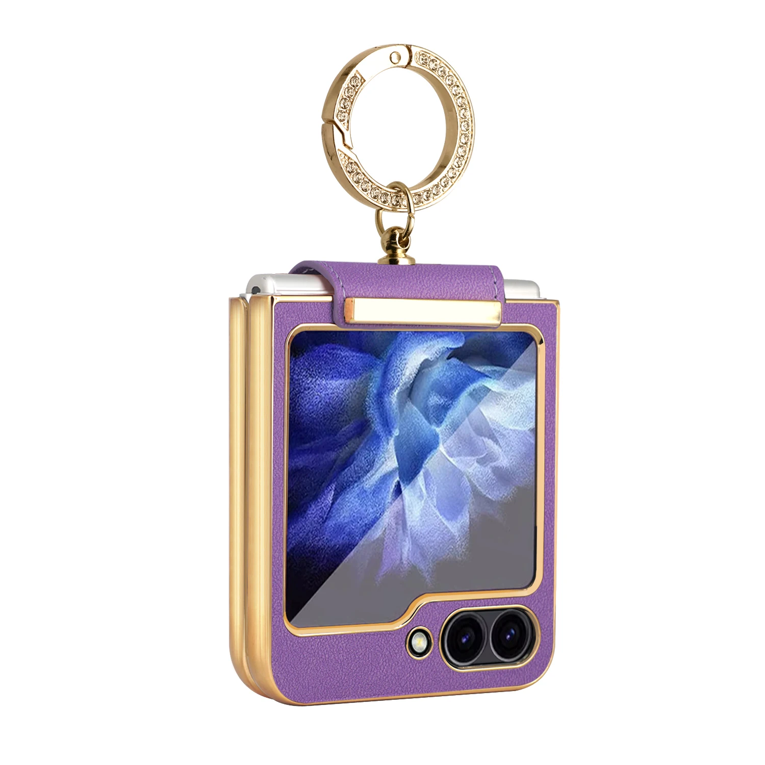 Purple PU Leather Z Flip 6 Case With Finger Ring,Front Screen Protector Mobile Phone Cover For Galaxy Z Flip 7 Flip5 4 3,Plating