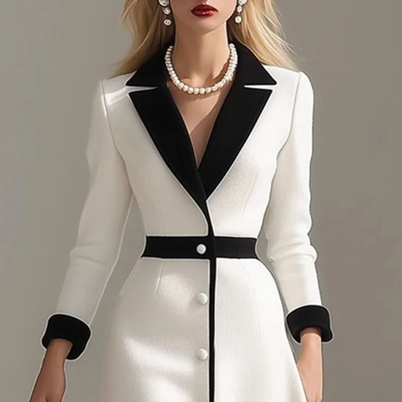 Abiti blazer con colletto dentellato a blocchi di colore francese Abiti da donna con bottoni Decorazione Abito da ufficio a trapezio Abito da festa elegante con maniche a 3/4 autunnali