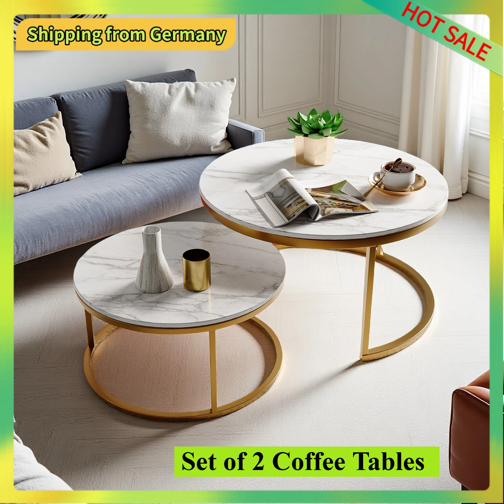 Comanlai 2er-Set runder Couchtisch, Couchtisch mit Metallrahmenbeinen, Beistelltisch für Wohnzimmer, 80 x 80 x 45 cm + 60 x 60 x 33 cm