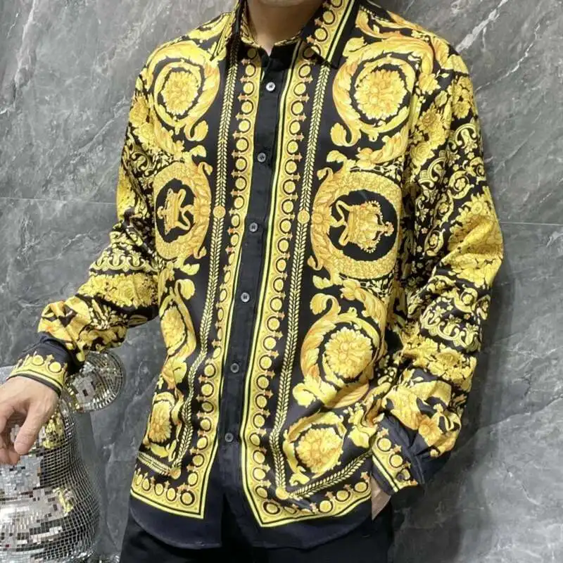 Camicia a fiori da uomo in oro nero pieno di lusso camicia Casual da uomo Camisa Masculina camicia sottile con stampa a triangolo camicia da uomo camicia a quadri