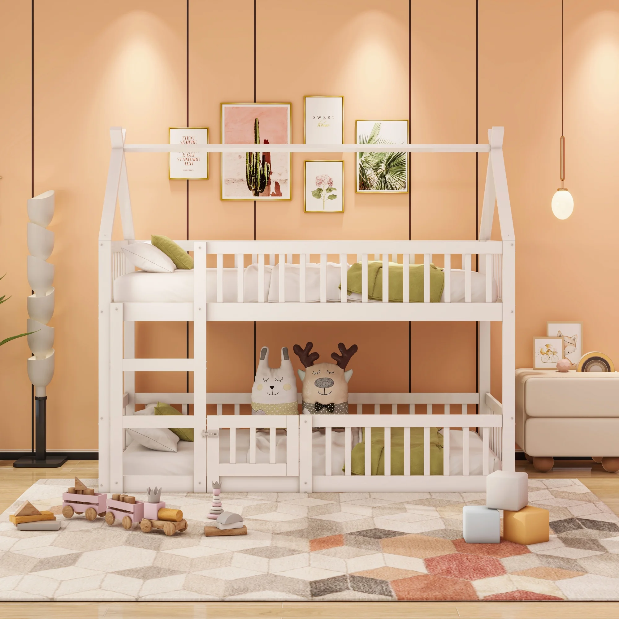 Etagenbett mit Spielbereich unten, Hochbett mit sicherem Zugang und hoher Umrandung, stabiles bett Image