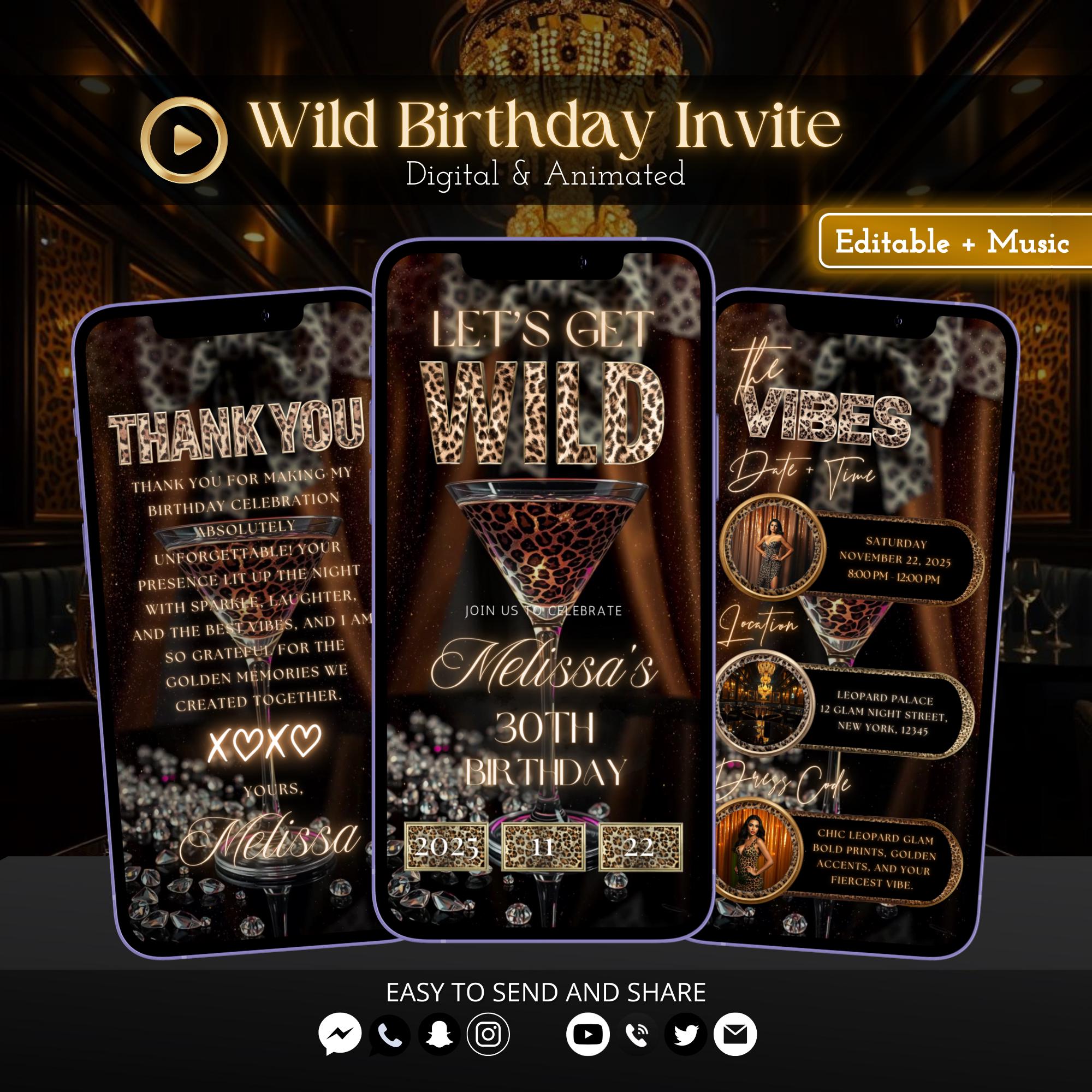 Invito di compleanno con stampa leopardo, invito per festa glamour con stampa ghepardo, invito digitale modificabile per cena di compleanno, tema luss