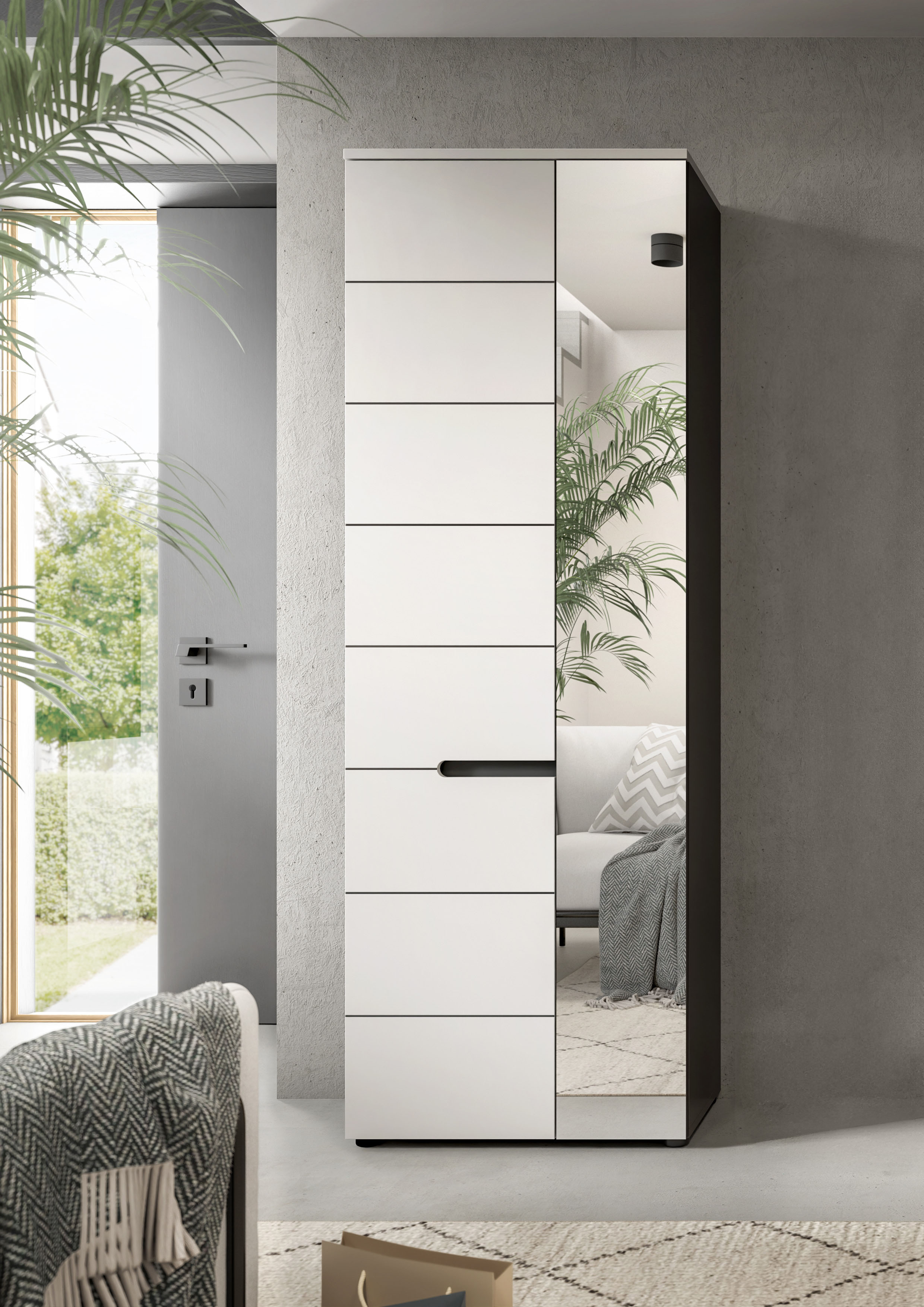 Garderobenschrank INOSIGN "REHAT, TOPSELLER, Höhe 190cm, 2 Türen, 6 Fächer, 1 Kleiderstange", grau (grau, weiß, schwarz), B:65cm H:190cm T:37cm, FSC-zertifizierter Holzwerkstoff, Schränke, Garderobenschrank, Garderobe, Flurschrank, Dielenschrank,...