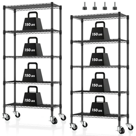 Glovv 2 pack 5-Tier Adjustable Storage Shelves Metal Shelving Heavy Duty Steel Wire Rack Organizer for Kitchen Bathroom Garage 14 D x 30 W x 60 H Wire Shelving Unit Black