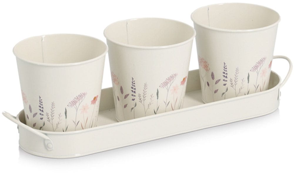 Kräutertopf ZELLER PRESENT "Pflanztopf-Set", weiß, B:10,5cm H:11cm T:37cm, Metall, Pflanzgefäße, 3 Töpfe & passendes Tablett