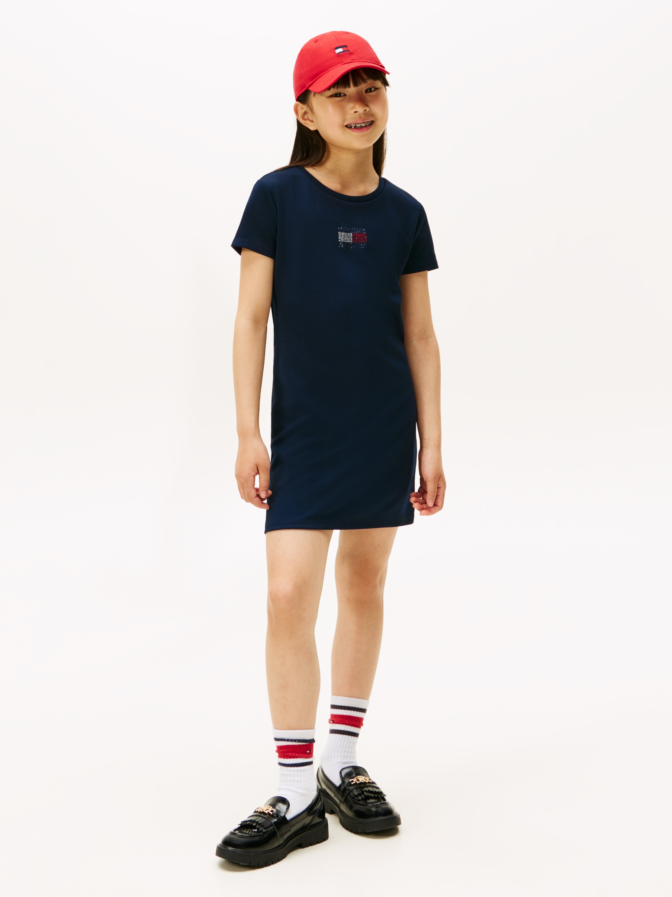 Shirtkleid TOMMY HILFIGER "STRAIGHT PUNTO DRESS S/S", Mädchen, Gr. 16 (176), N-Gr, schwarz night navy, Web, Obermaterial: 72% Polyester, 23% Modal, 5% Elasthan, unifarben, straight fit Mitte Oberschenkel, Rundhals, eingesetzt gerader Abschluss,... Image