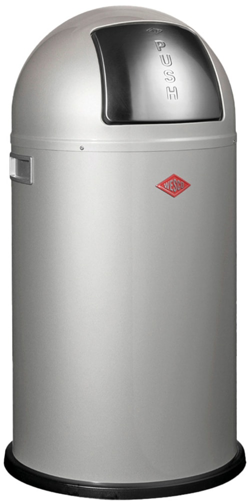 Mülleimer WESCO "Pushboy Abfallsammler", silberfarben, B:40cm H:75,5cm T:40cm Ø:40cm, Edelstahl, Kunststoff, Metall, Stahlblech, Mülleimer, Mülleimer, mit Metalleinsatz, Griffe, Einwurfklappe aus Edelstahl und Bodenring