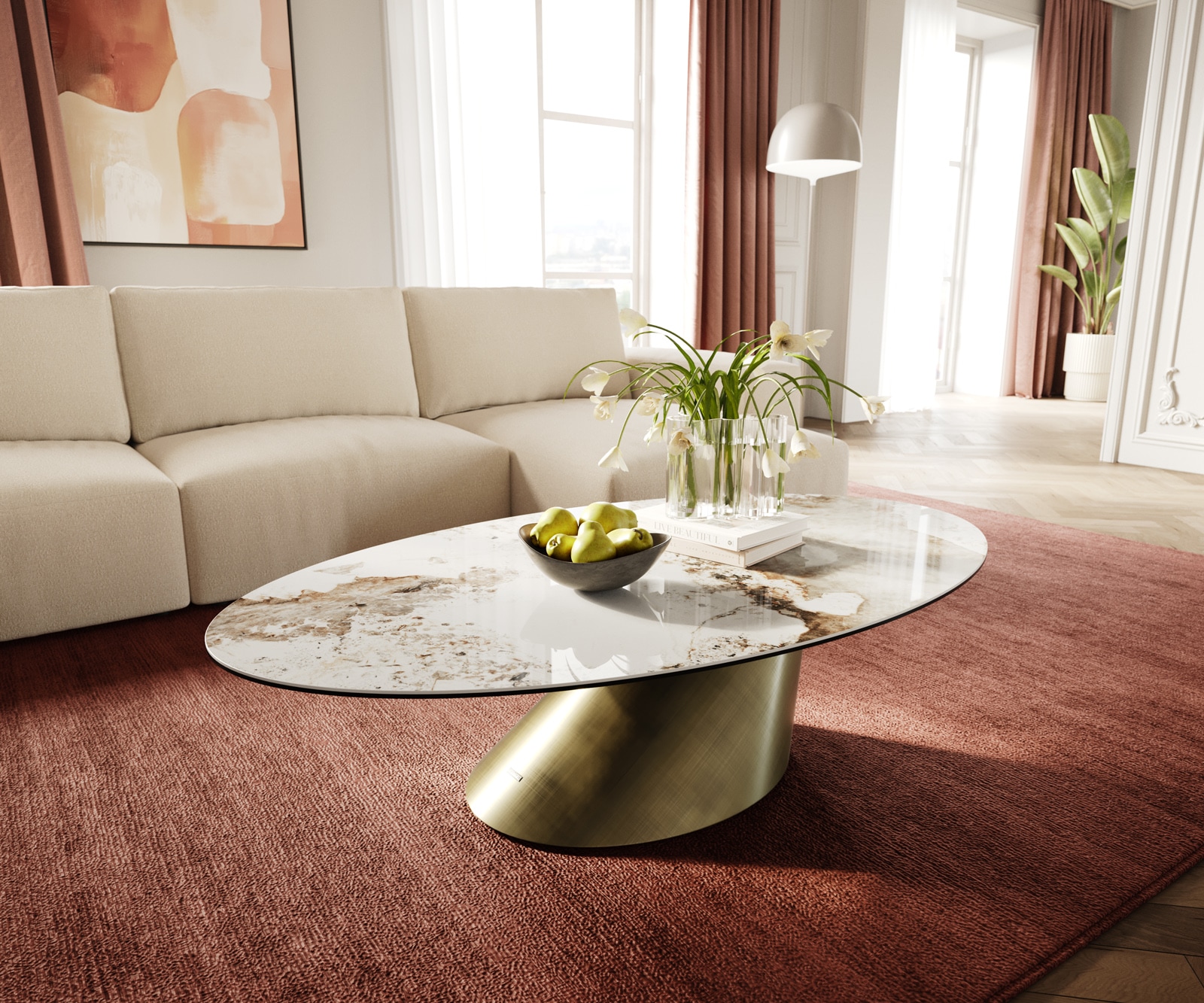 DELIFE Couchtisch Edge Oval 140x80 cm Keramik Minas Melange Conis Metallic Gold, Couchtische Image