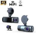Dashcam HD 4K a tre vie per la parte anteriore, interna e posteriore del veicolo, schermo IPS da 3 pollici con visione notturna Wi-Fi, DVR per auto grandangolare.