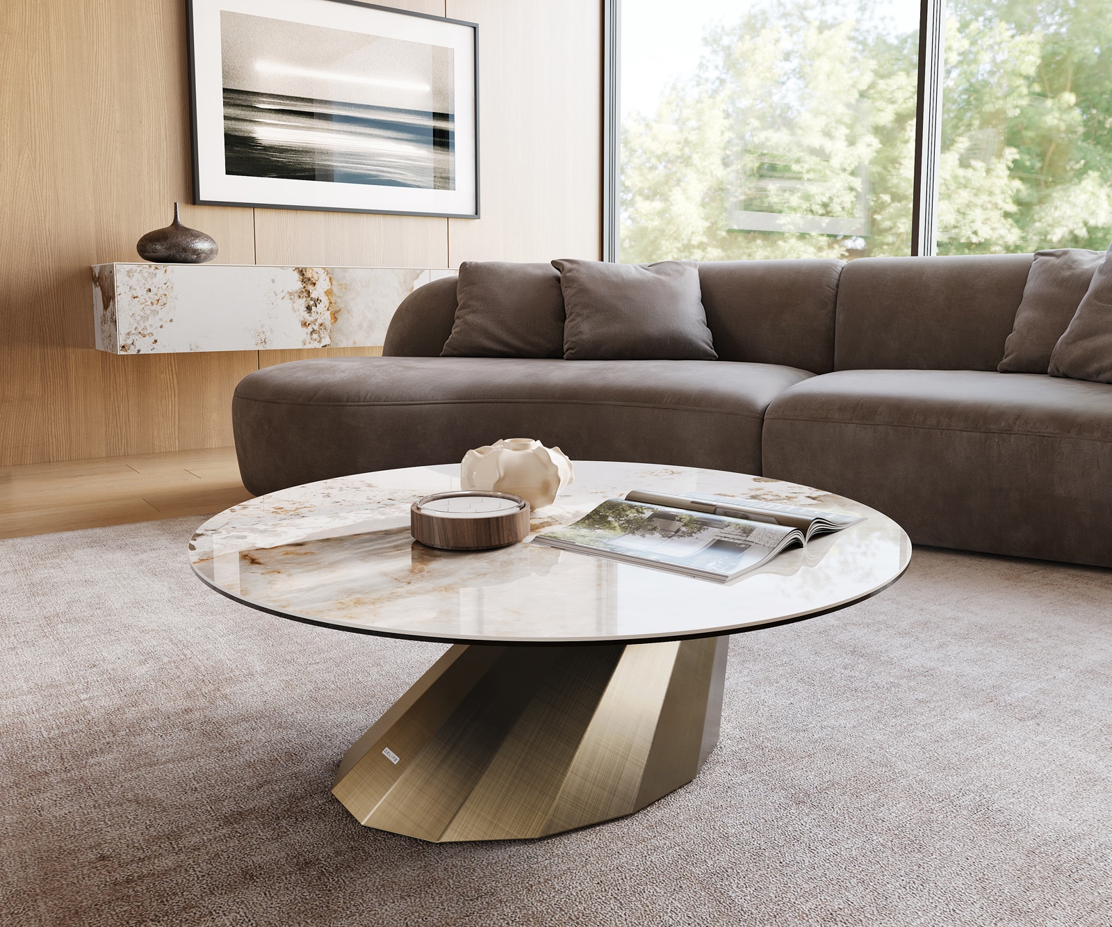 DELIFE Couchtisch Edge Rund 100x100 cm Keramik Minas Melange Parabi Metallic Gold, Couchtische Image