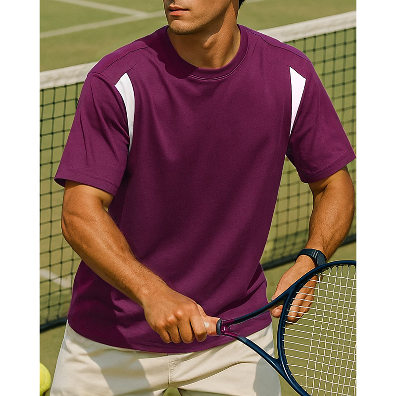 Men's Patchwork Tennis Tee Short Sleeves Sweat-Wicking Moisture Wicking Breathable Tennis Golf Pickleball Crew Neck Blue Purple Grey Tennis Clothing