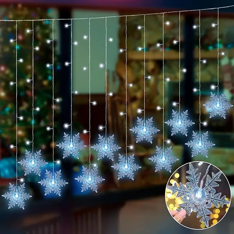 96LED Snowflake Curtain Lights 3.5m 8 Modes Lighting for Thanksgiving New Year Valentine's Day Home Balcony Living Room Garden Porch Atmosphere Decoration