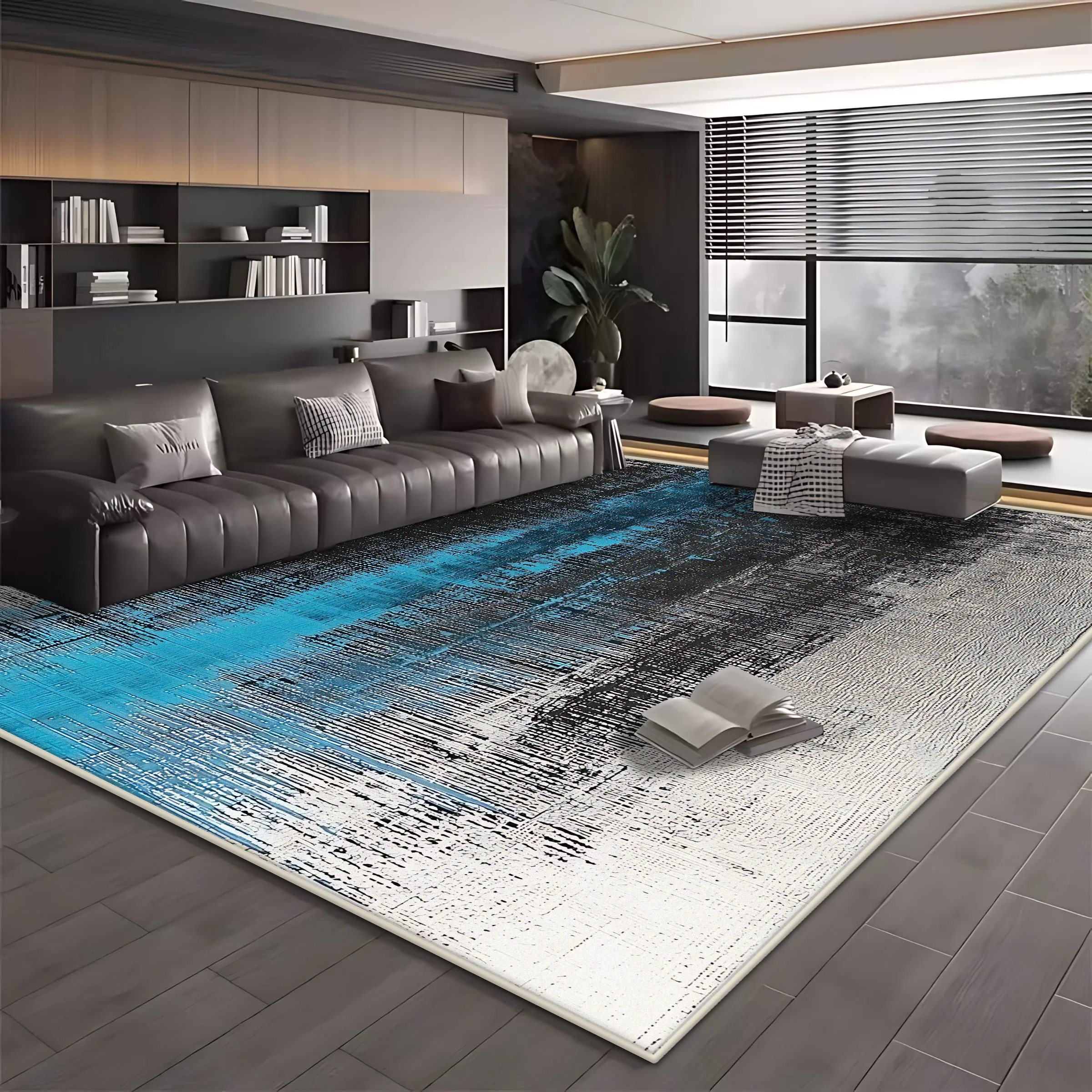 Moderner, einfacher Wohnzimmer-Dekorationsteppich, großer Bereich, weicher Lounge-Teppich, blau-schwarze Teppiche für Schlafzimmer, waschbare, rutschfeste Bodenmatte Image