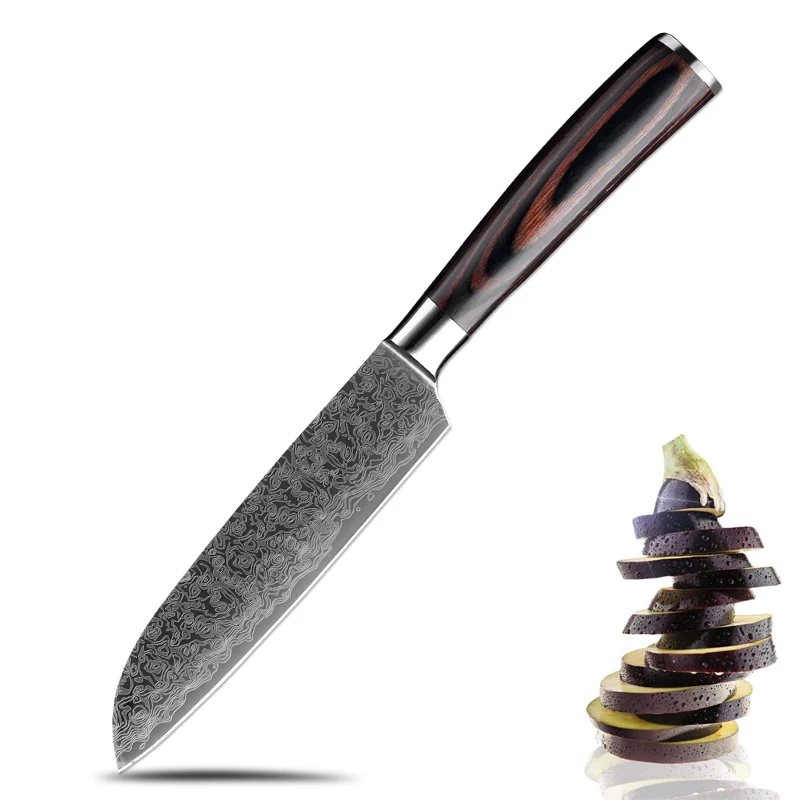 12,7 cm großes Santokumesser aus Edelstahl mit Laser-Damast-Muster, scharf, professionelles kleines Messer für die Küche, Obstmesser, bunter Holzgriff