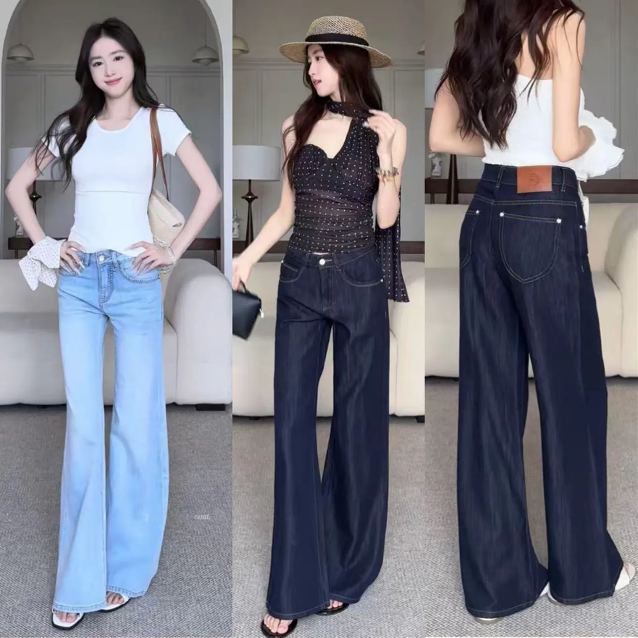 Lockere Freizeit-Jeans für Damen mit hoher Taille, gerade Röhre, blaue Denim-Hose, niedrige Taille, Streetwear, Y2K-Bootcut, weites Bein, Taschendesign Image