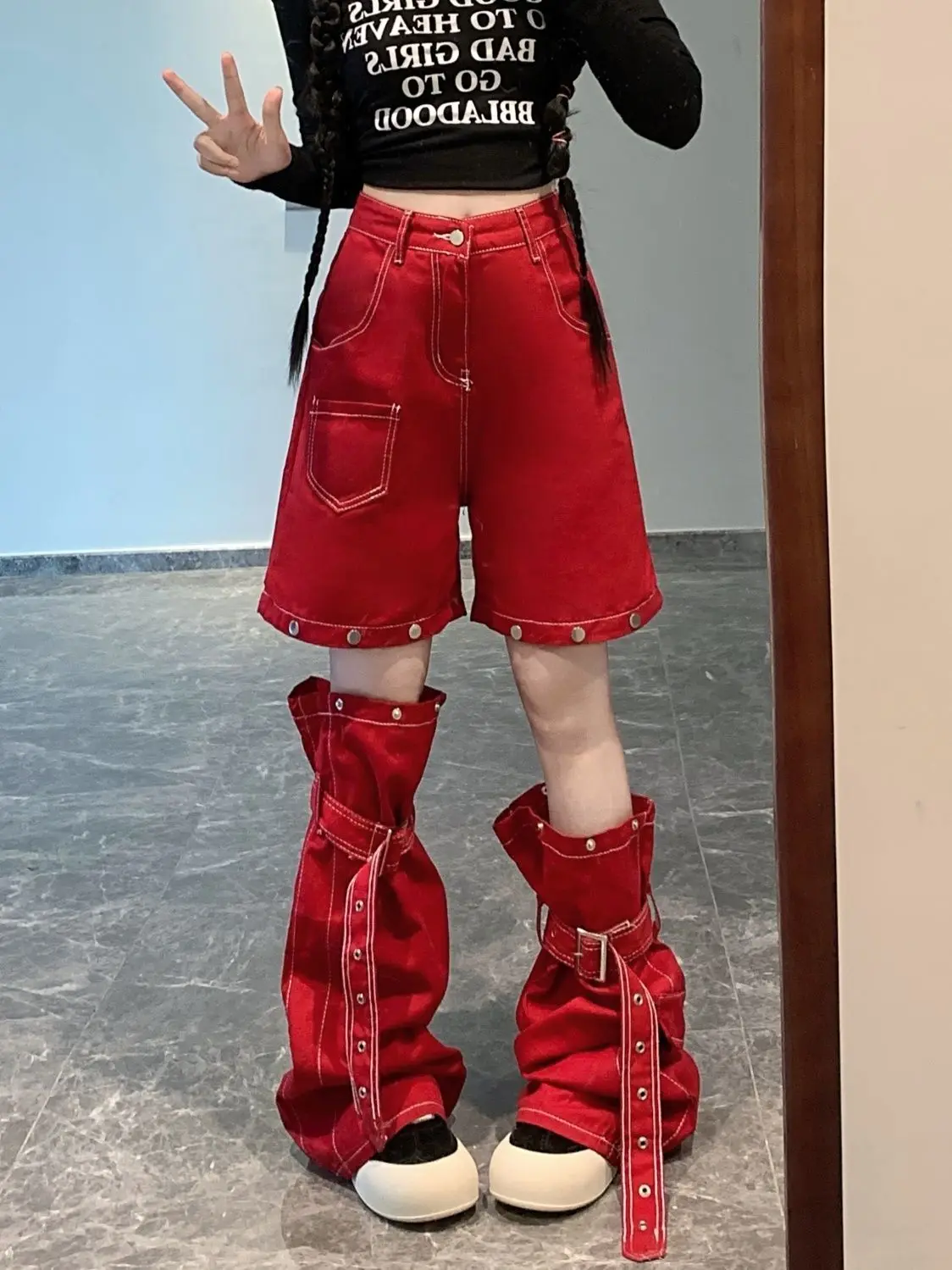 Frauen Vintage Rot Cargo Jeans Hohe Taille Amerikanischen Retro Streetwear Breite Bein Denim Hosen Hip Hop Gerade SummerTrousers