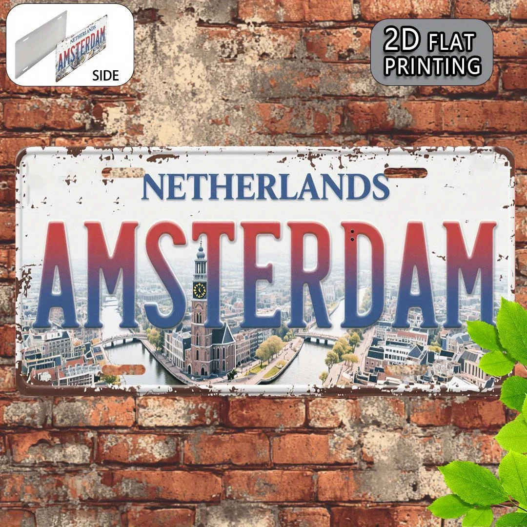 Amsterdam Niederlande Vintage Metall Aluminium Schild Nummernschild, dekoratives Schild und Schild (11,9 x 6 Zoll), Reise-Souvenir, Image