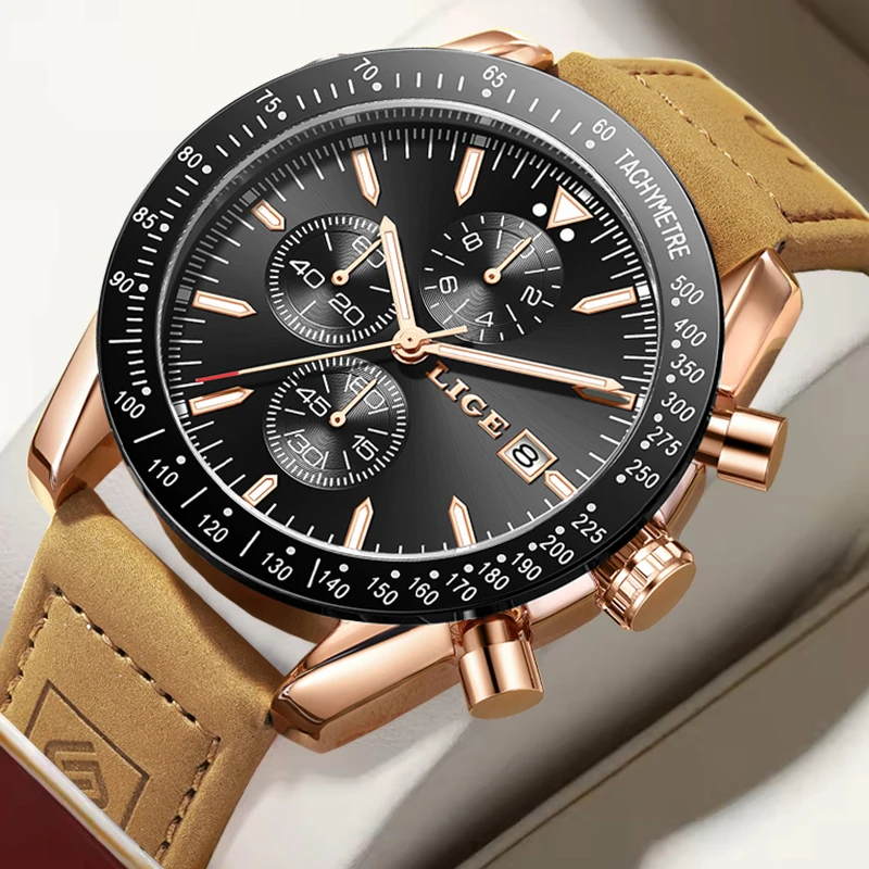 LIGE Männer Uhr Mode Top Marke Luxus Militärische Wasserdichte Uhr Für Männer Leder Leucht Quarz Chronograph Relogios Masculino Image
