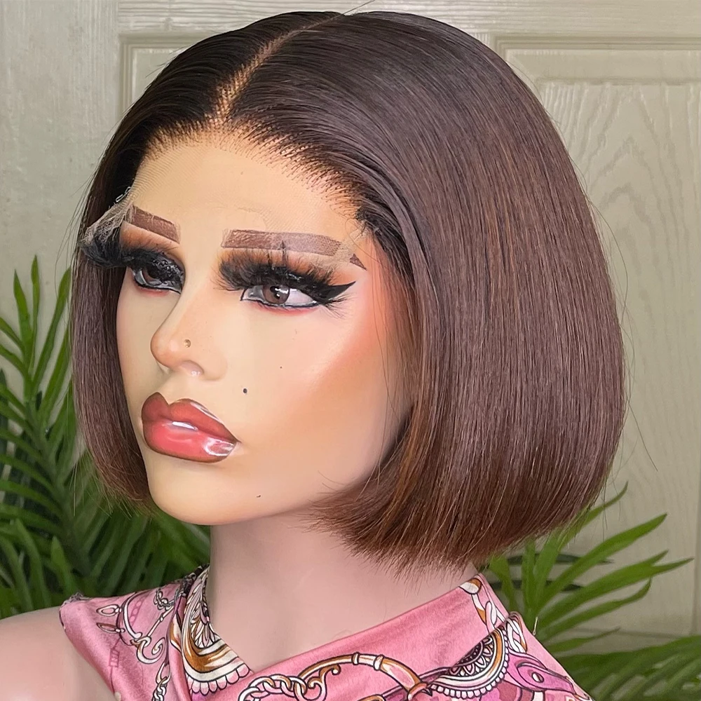 Braune Farbe, kurze Bob-Perücke, gerade, 350 Dichte, brasilianisches Echthaar, 13 x 4 HD, transparente Spitze-Front-Echthaar-Perücke für Frauen Image