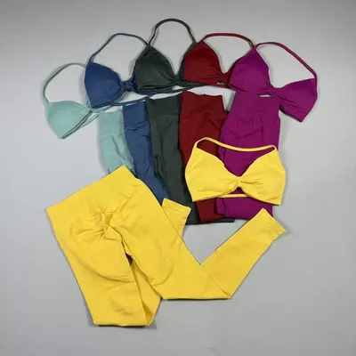 Yoga Fitness Set Women's Workout Leggings Tie Neck Sports Bra Training Set 2 Pieces Seamless Chest Pads Compression Lifting Hips