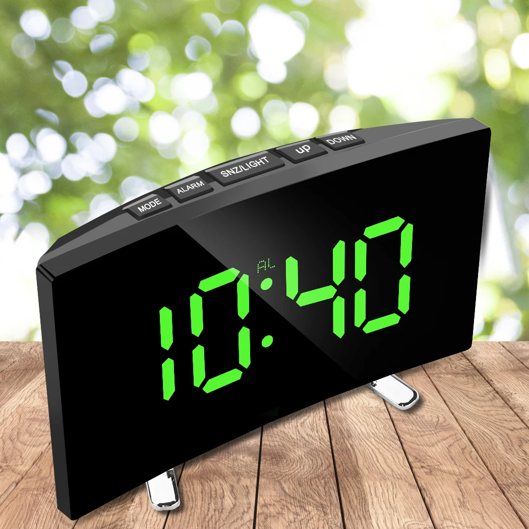 Home Decors Digitaler Wecker, 17,8 cm, gebogen, dimmbar, Spiegeluhr, LED-Bildschirm, große Zahl, Tischuhr für Kinderzimmer