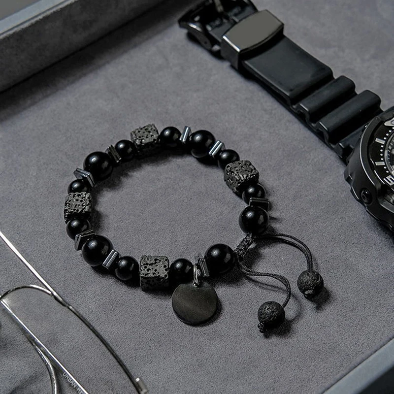 Black Bracelet Lava Square Volcanic Stone Bracelet Men