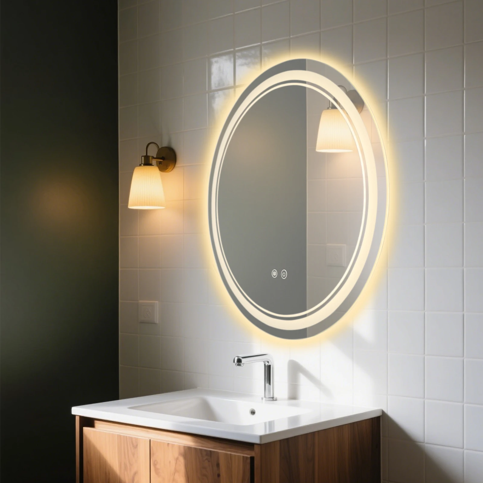 LED-Badezimmerspiegel, 60 cm LED-Badezimmerspiegel zur Wandmontage, dimmbarer runder Schminkspiegel, beschlagfreier, beleuchteter Badezimmerspiegel