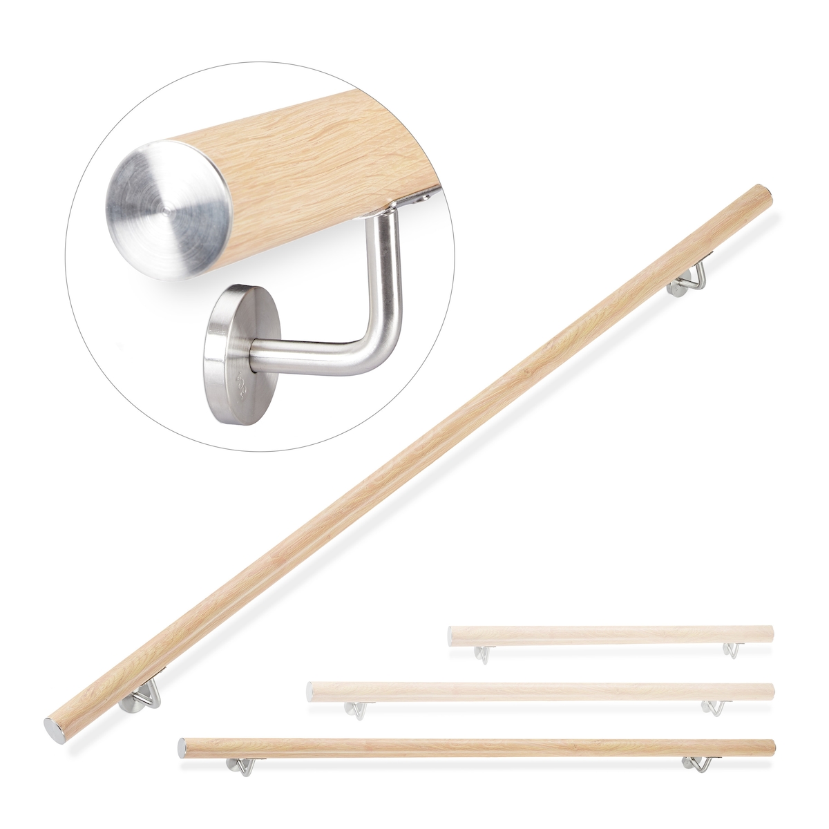 Relaxdays Handlauf Aluminium, rund, Treppengeländer innen, außen, Buche-Optik, 200 cm, Ø 42mm, mit Wandhalterung, natur Image