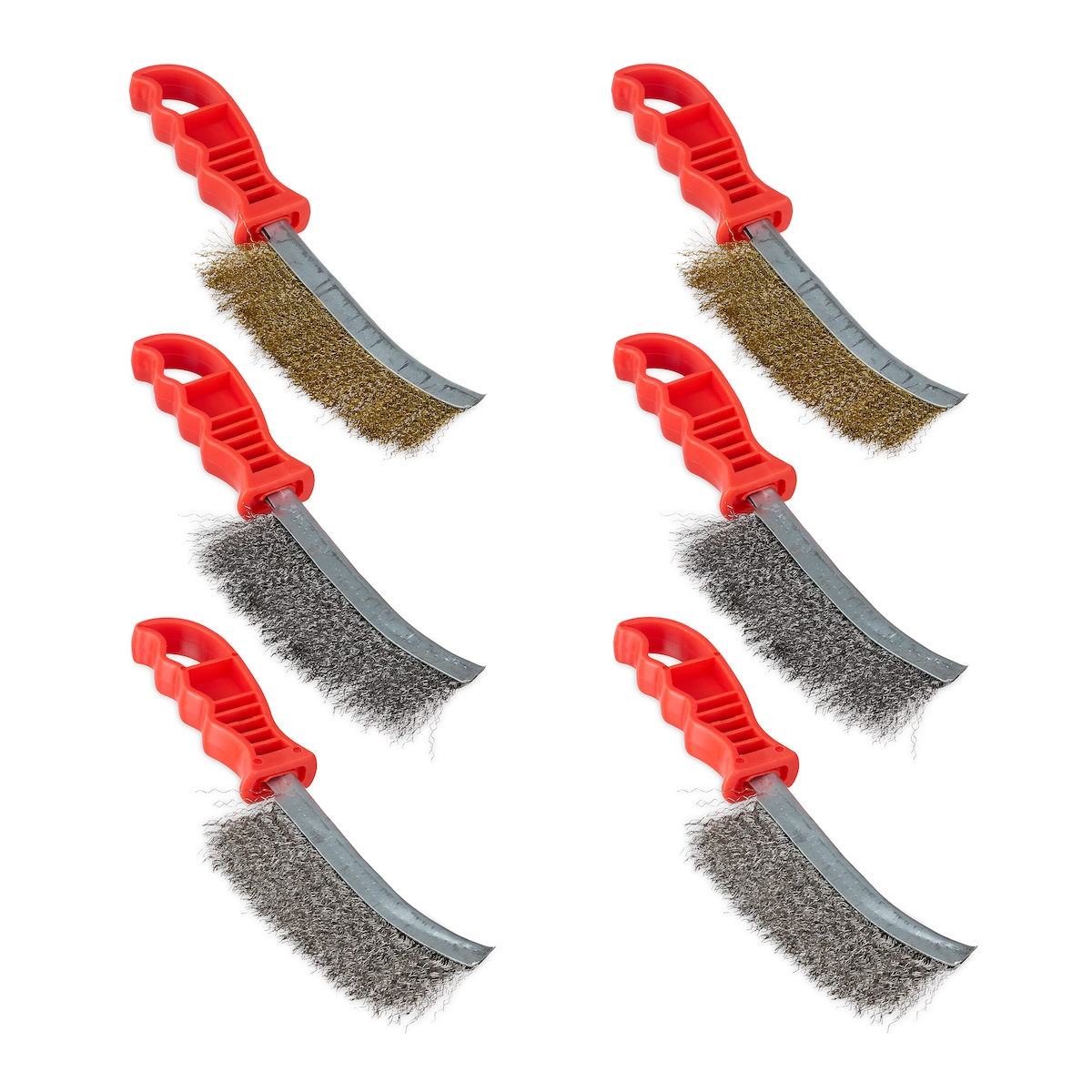 Relaxdays Drahtbürste 6er Set, je 2 Edelstahl-, Stahl- & Messingbürsten, Werkzeug, Stahlbürste mit Griff, mehrfarbig Image