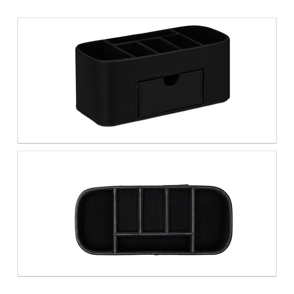Relaxdays Stiftehalter, Schreibtischorganizer in Lederoptik, 7 Fächer, edler Organizer, HxBxT 10,5x26x11,5 cm, schwarz Image