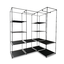 Relaxdays Eckschrank, HBT: 170 x 130 x 8 cm, 2 Kleiderstangen, 12 Ablagen, Eisen, Vlies, offener Kleiderschrank, schwarz