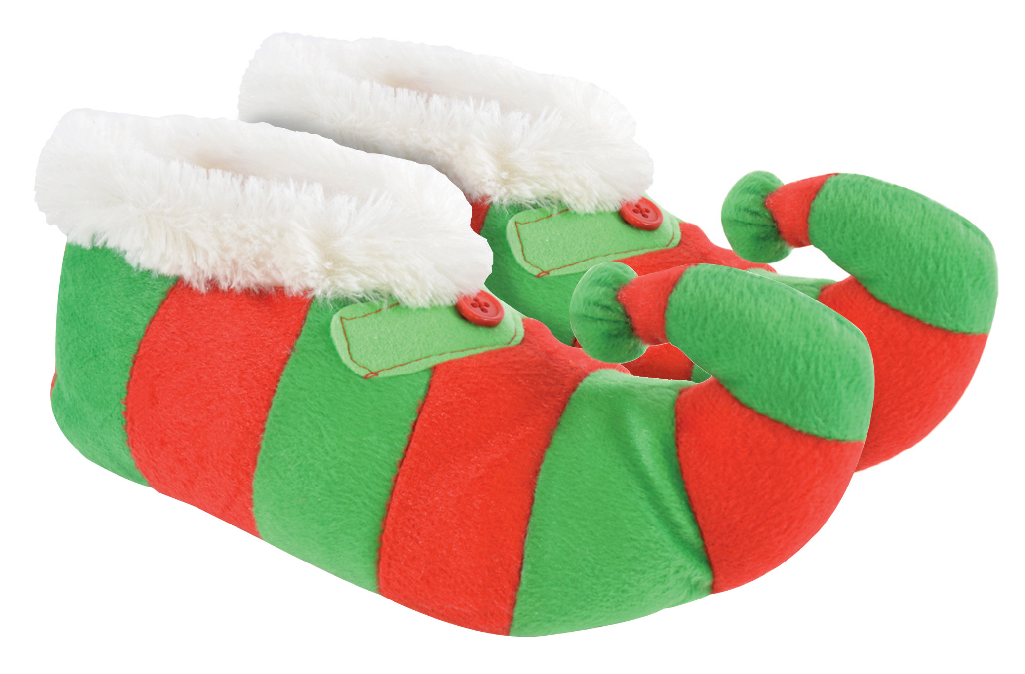 Neuheit Kinder Weihnachten Elf Hausschuhe | Funky Fleece Linied rot & grün gestreift Weihnachten Hausschuhe für Kinder - rot & grün Image