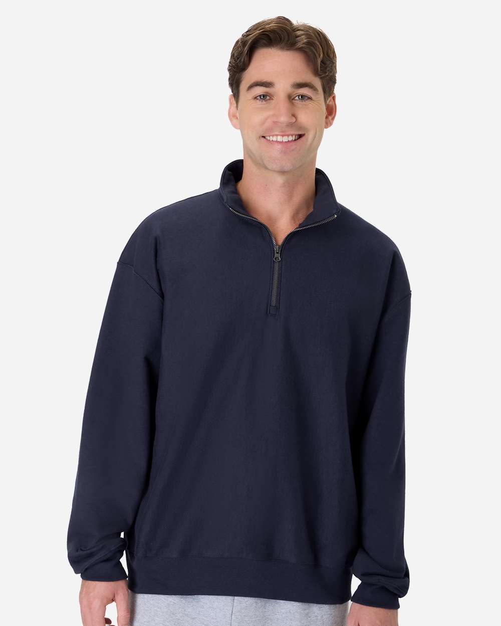 Hanes OG900 Men's Beefy Sweats Premium Heavyweight Quarter-Zip Sweatshirt in Navy Blue size 2XL | Cotton/Polyester Blend