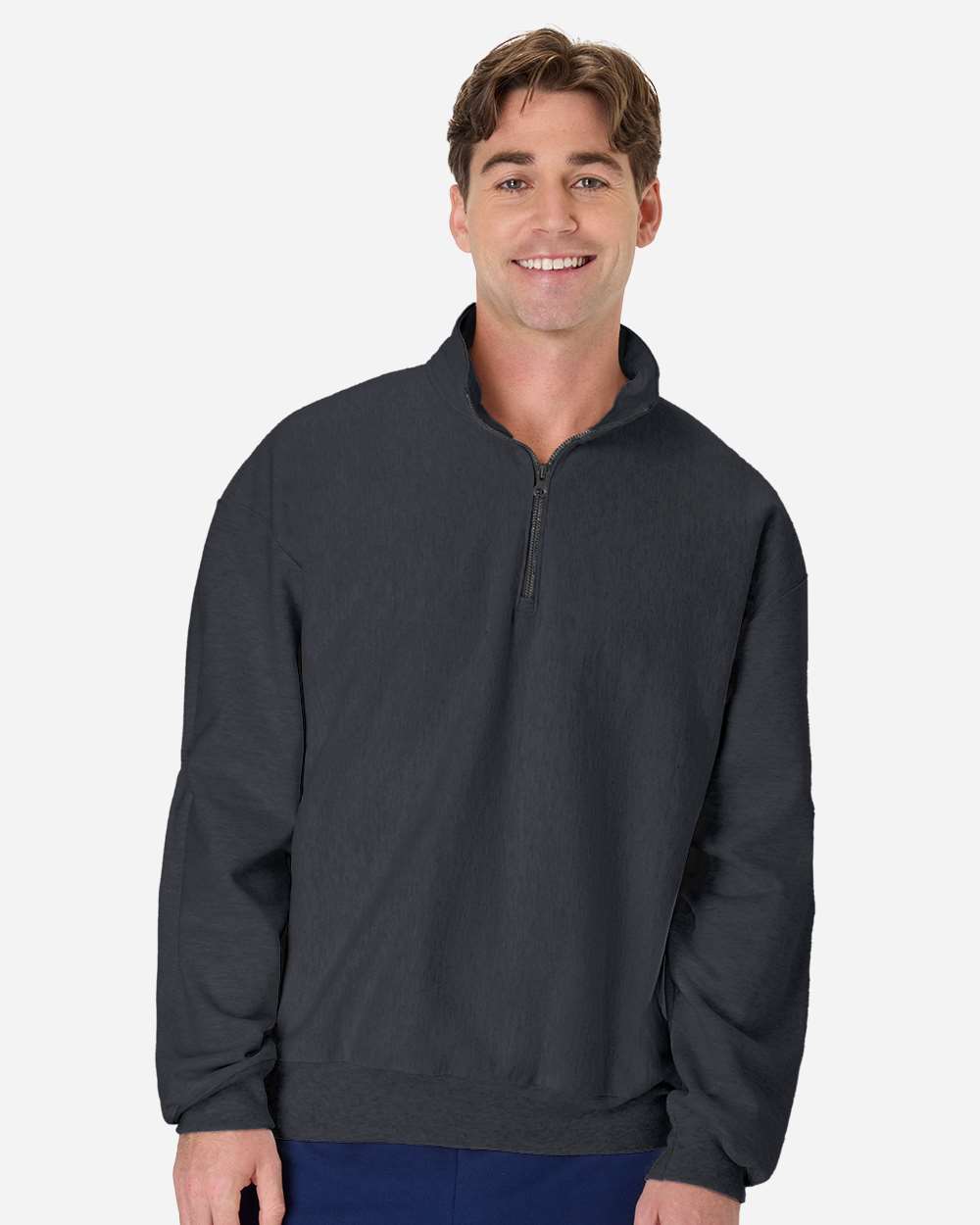Hanes OG900 Men's Beefy Sweats Premium Heavyweight Quarter-Zip Sweatshirt in Charcoal Heather size Large | Cotton/Polyester Blend
