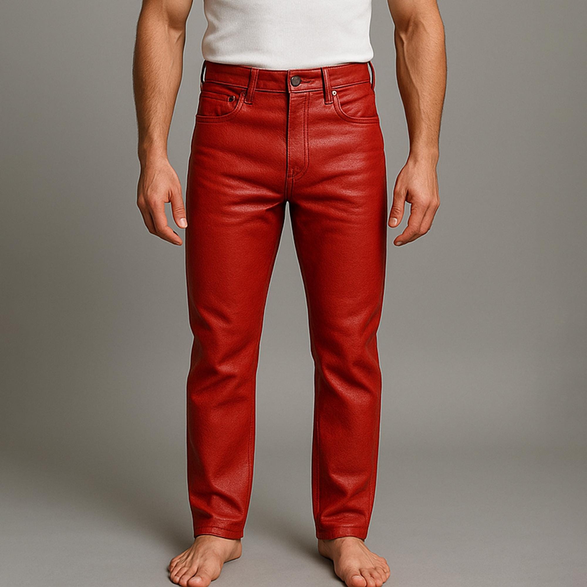 Pantaloni da uomo in vera pelle di pecora rossa - Pantaloni classici 501 a cinque tasche - Pantaloni rossi in vera pelle fatti a mano