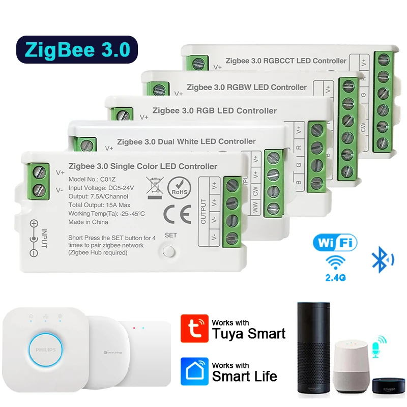 Zigbee 3.0 Controller LED WiFi APP remoto per PWM Dim CCT RGB RGBW RGBCCT LED Strip Bridge Tuya Gateway Controllo vocale DC5V-24V