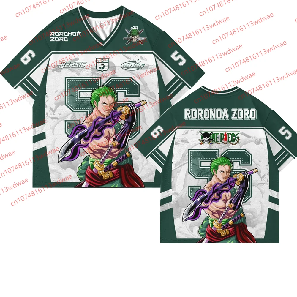 Japanese Anime One Piece Zoro Short Sleeve Jersey Unisex Samurai Sword Printed Outdoor Sports Rugby Jersey V-Neck Sports T-Shirt