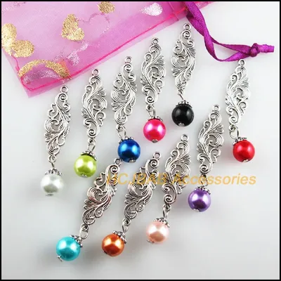 20 New Phoenix Flower Charms Mixed Glass Beads Pendants Tibetan Silver 9.5x42mm