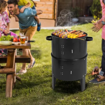 Barbecue Grills Holzkohle BBQ Grill 3-in-1 Barbecue Smoker Grill Runde Camping Feuerstelle Tragbarer Barbecue Grill für den Außenbereich