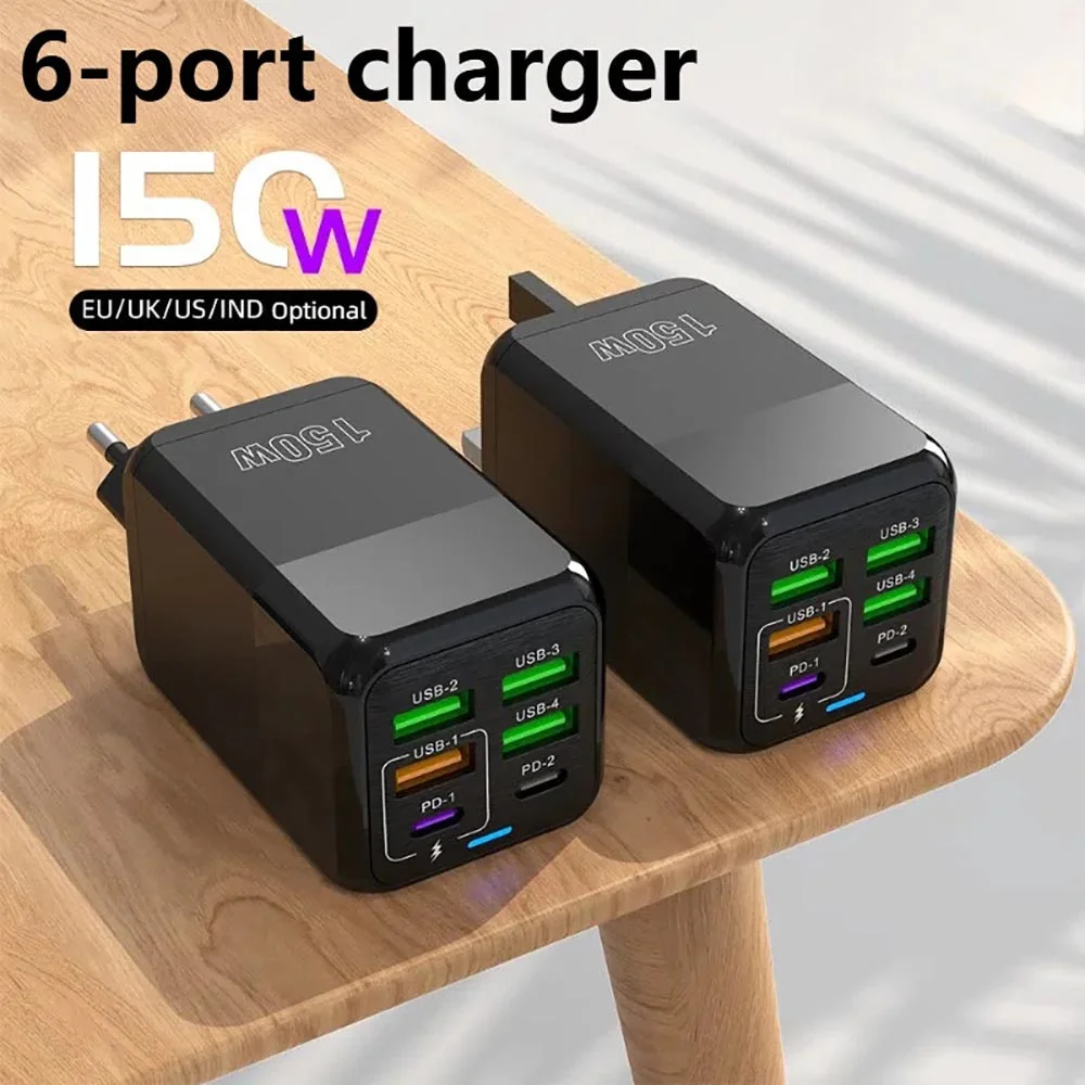 150 W 6 Ports USB Ladegerät PD Schnellladegerät Wandadapter EU/US/UK Stecker Ladegerät Quick Charge 3.0 Multi Ports Netzteil Image