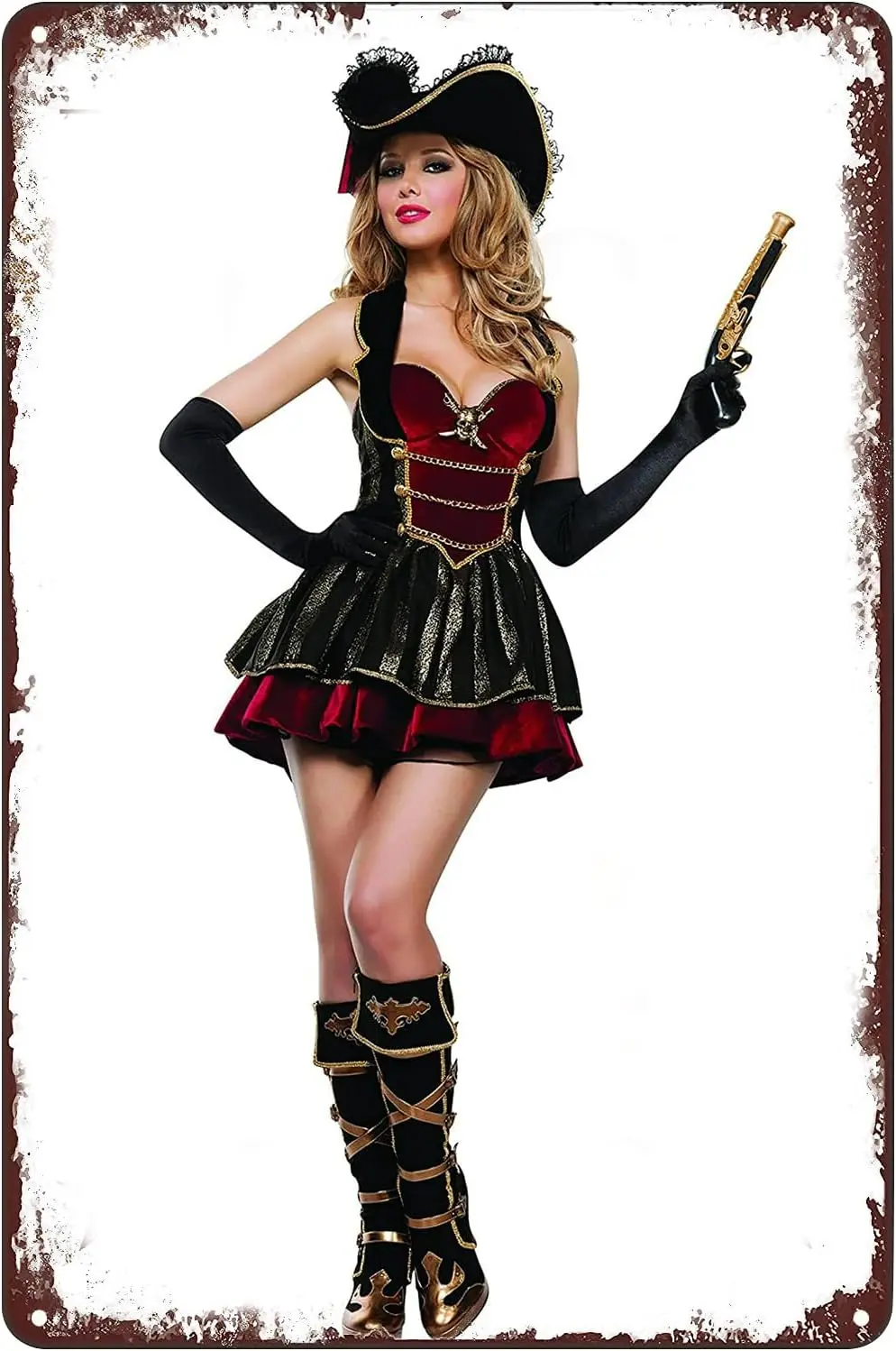 Vintage Metallschilder Sexy Piratenfrau mit Pistole Poster Hot Girl Pistole Blechschild Wandkunst Plakette Dekor für Home Bar Pub Club Cafe Image