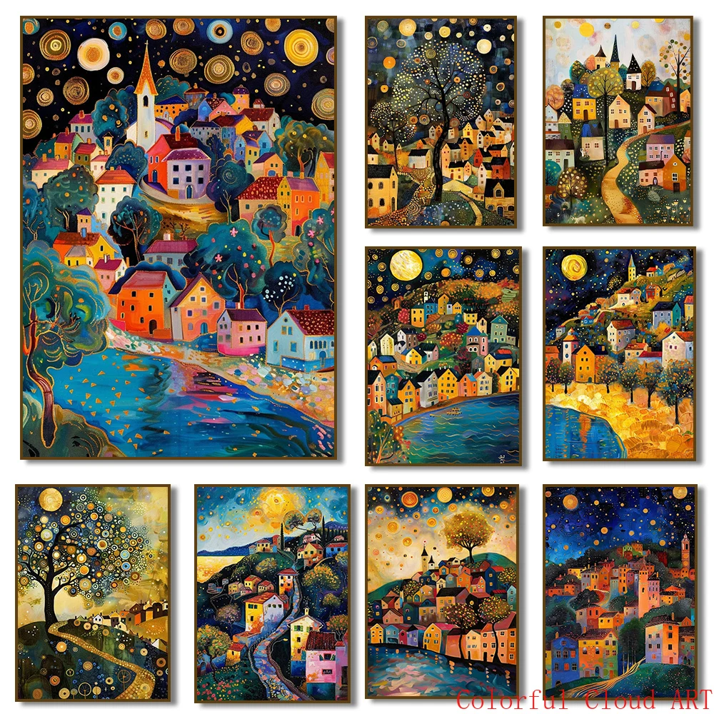 Gustav Klimt Ausstellung Poster Leinwand Malerei Mond Sterne Fluss Baum Dorf Nacht Haus Poster Druck für Wohnzimmer Home De Image