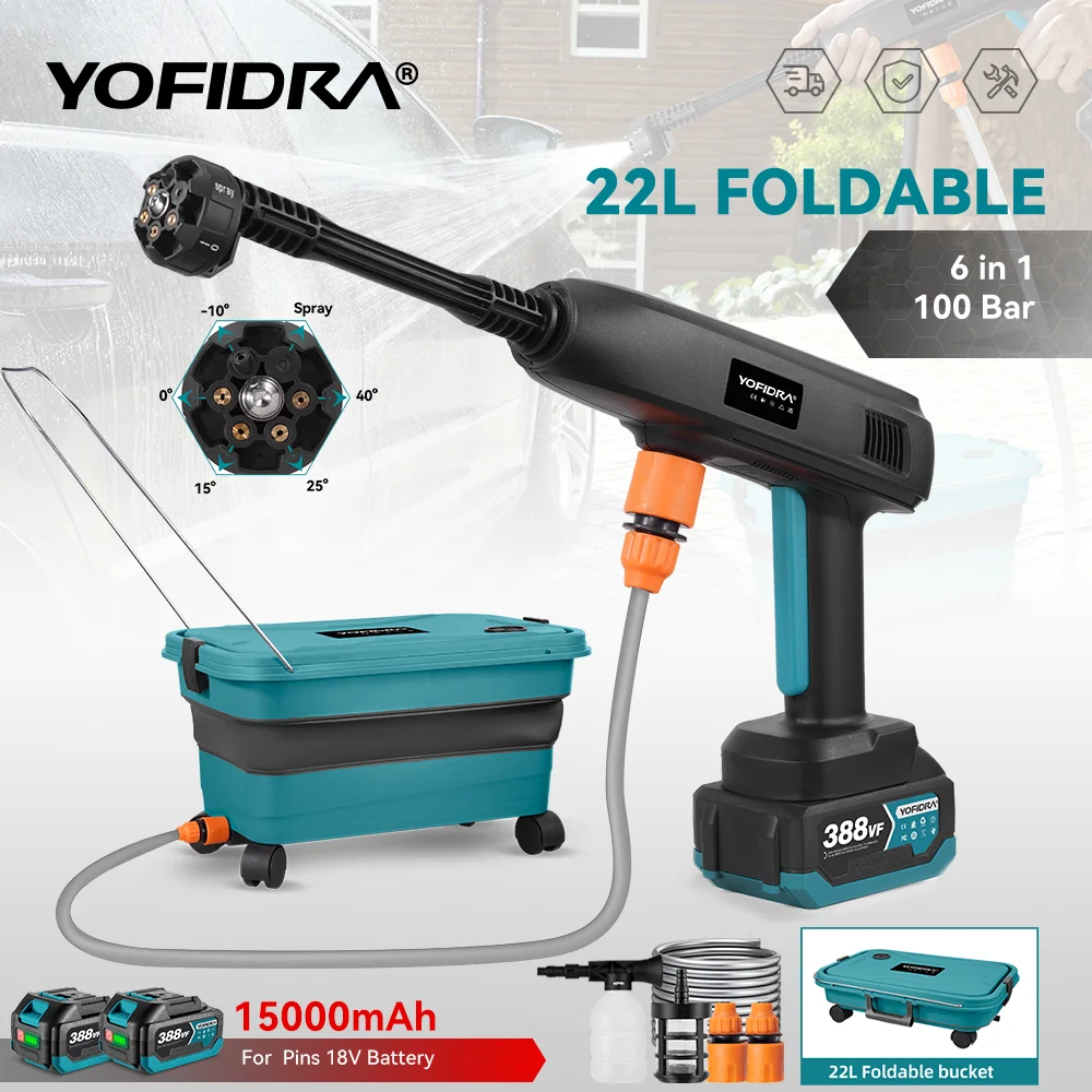 YOFIDRA 6IN1 100Bar Elektrische Wasser Spritzpistole Mit 22L Faltbare Wasser Eimer Hause Auto Waschmaschine Für Makita 18V batterie Pin Image