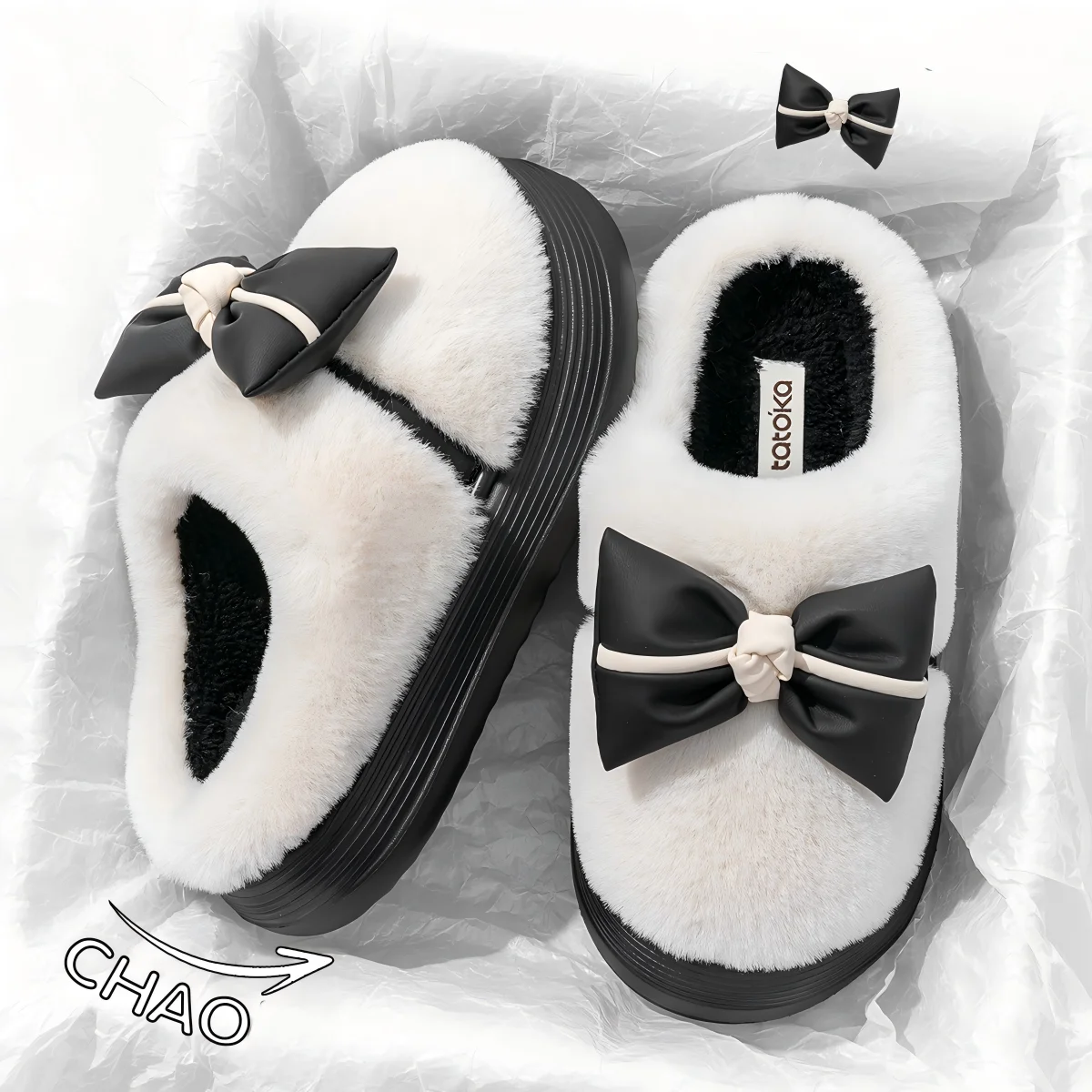 Damen-Hausschuhe aus hochwertiger Baumwolle mit Pu-Schleife, neue Herbst- und Winter-Hausschuhe aus wasserdichter und warmer, mit Fleece gefütterter Baumwolle für den Innenbereich mit dicken Sohlen Image