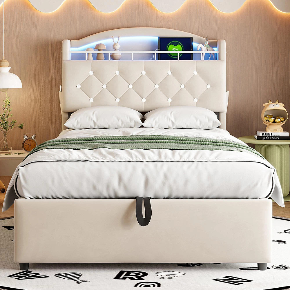 KOMHTOM Kinder Polsterbett 90x200 cm Samt Einzelbett, Multifunktionsbett mit Stauraum, LED und USB Image