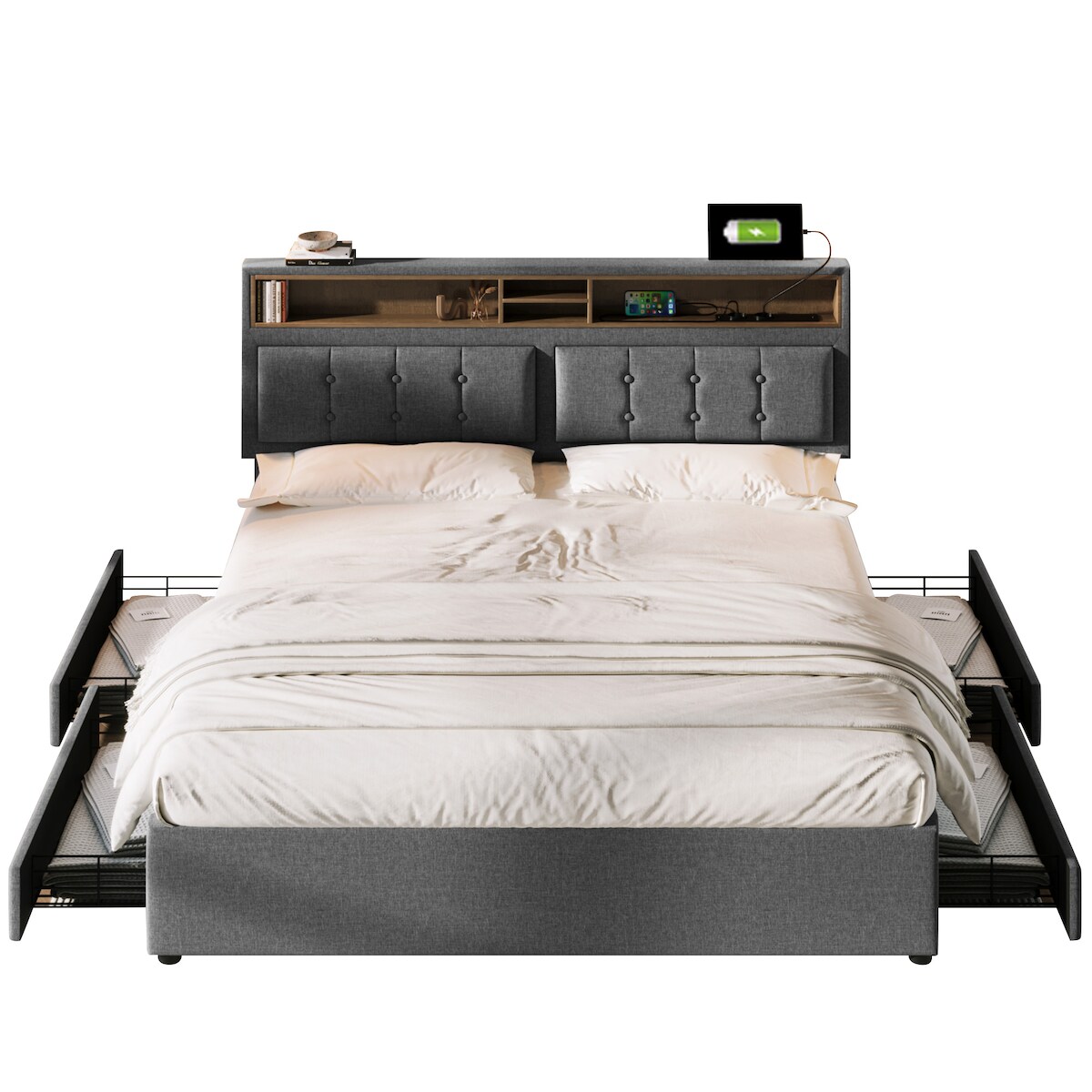 OKWISH Polsterbett Doppelbett 200×140 mit verstellbarem Kopfteil, 4 Schubladen, USB-Steckdose, Lattenrost, Stauraum, Leinen, Grau Image