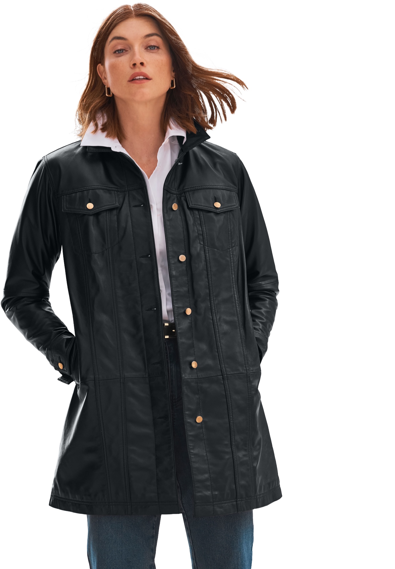 Plus Size Women's Long Leather Jacket by Jessica London in Black (Size 24 W)