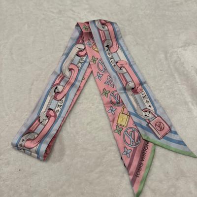 Louis Vuitton Accessories | Louis Vuitton Silk Bandeau Scarf Pink & Blue Monogram With Padlock Chain Print | Color: Blue/Pink | Size: Os